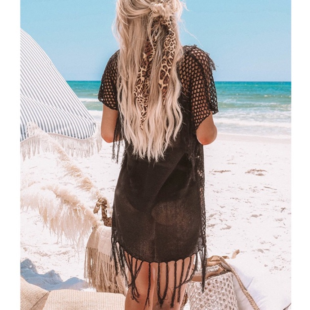 SOLD OUT CLEARANCE Black Crochet Fringe Lace Up Beach Swim Coverup - Picture 2 of 2